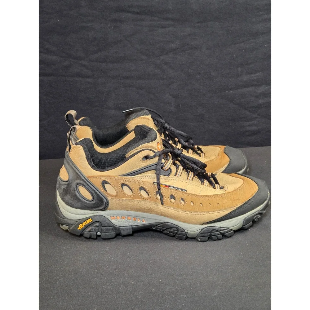 Merrell‎ Pulse II Smoke Hiking Shoes Mens 12 Tan Leather Vibram Low Top J80373